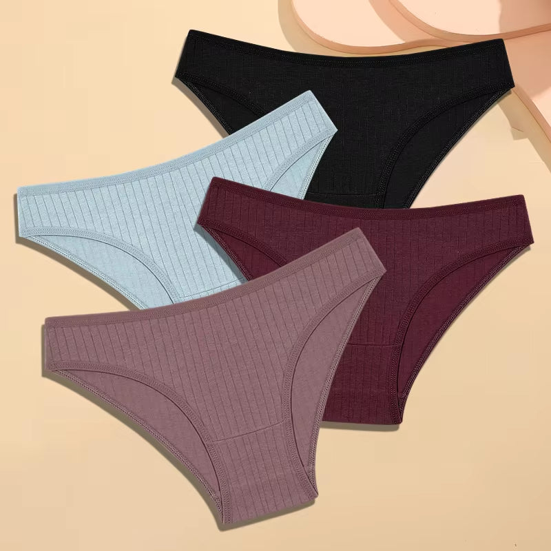 4Pcs Cotton Striped Underwear Women'S Panties Sexy Breathable Solid Briefs Female Low Waist Comfortable Stretch Lingerie
