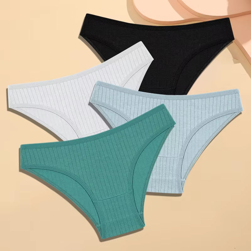 4Pcs Cotton Striped Underwear Women'S Panties Sexy Breathable Solid Briefs Female Low Waist Comfortable Stretch Lingerie