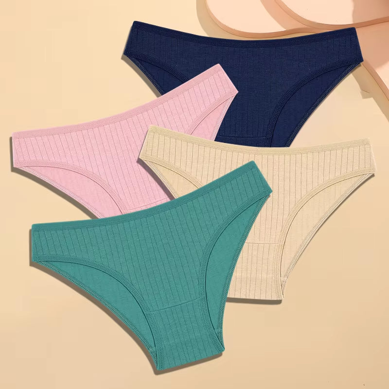 4Pcs Cotton Striped Underwear Women'S Panties Sexy Breathable Solid Briefs Female Low Waist Comfortable Stretch Lingerie