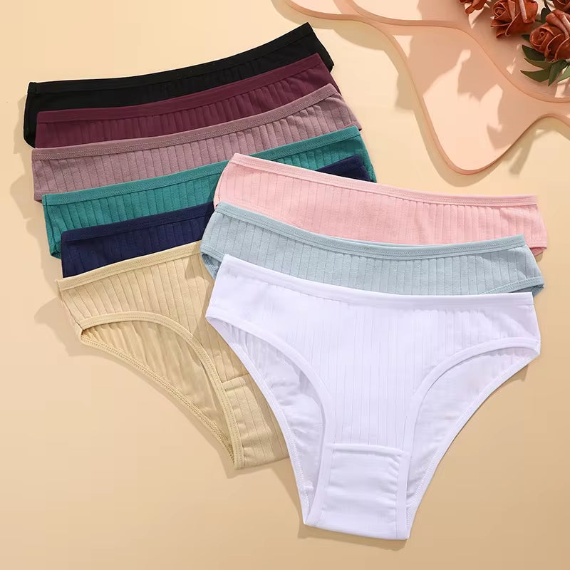 4Pcs Cotton Striped Underwear Women'S Panties Sexy Breathable Solid Briefs Female Low Waist Comfortable Stretch Lingerie
