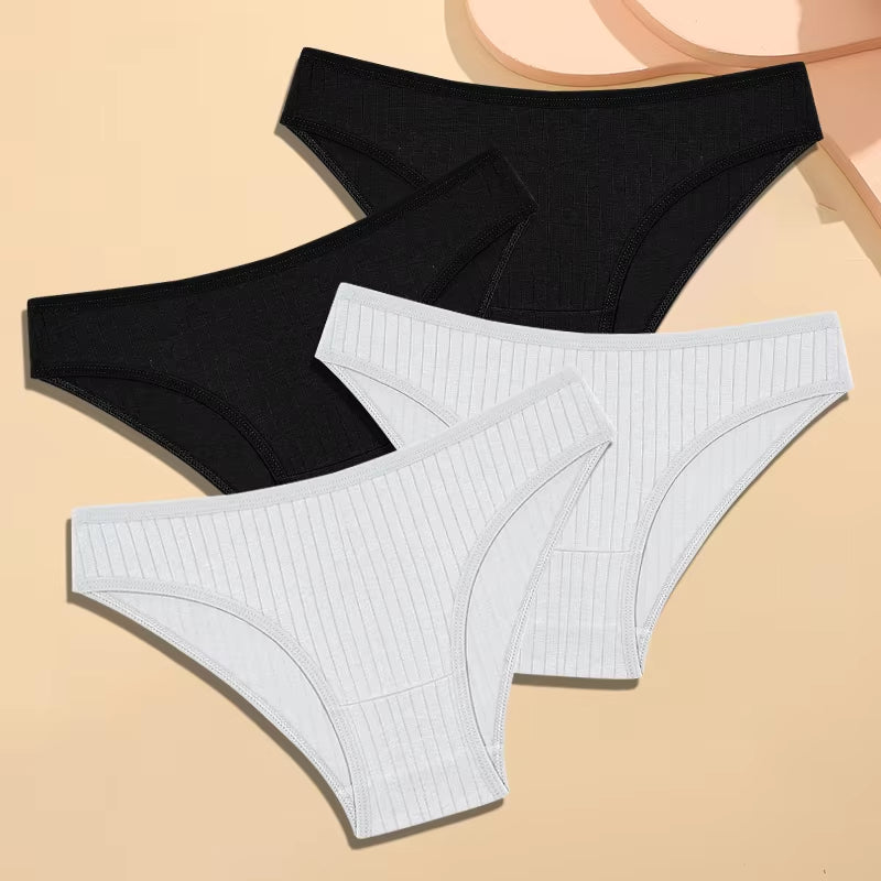 4Pcs Cotton Striped Underwear Women'S Panties Sexy Breathable Solid Briefs Female Low Waist Comfortable Stretch Lingerie