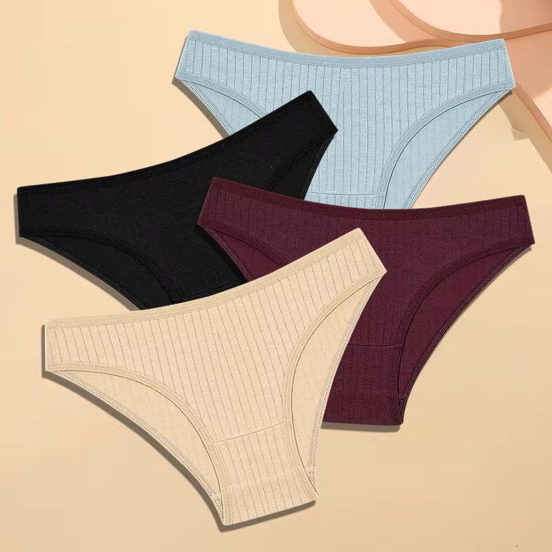 4Pcs Cotton Striped Underwear Women'S Panties Sexy Breathable Solid Briefs Female Low Waist Comfortable Stretch Lingerie