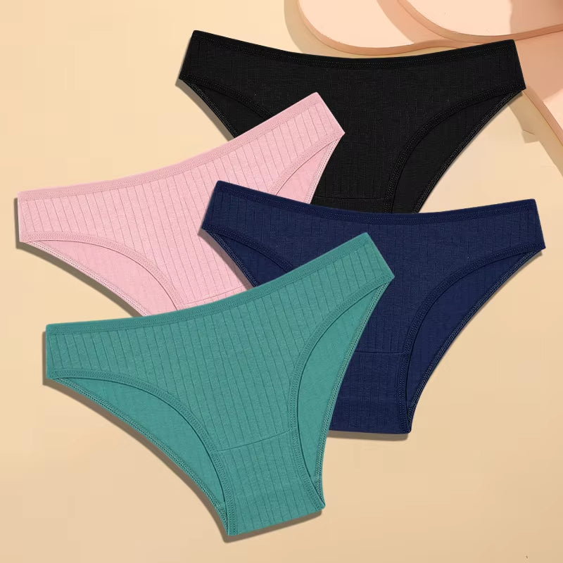 4Pcs Cotton Striped Underwear Women'S Panties Sexy Breathable Solid Briefs Female Low Waist Comfortable Stretch Lingerie