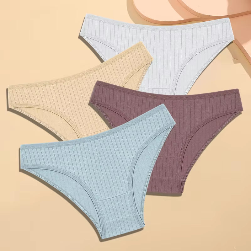 4Pcs Cotton Striped Underwear Women'S Panties Sexy Breathable Solid Briefs Female Low Waist Comfortable Stretch Lingerie
