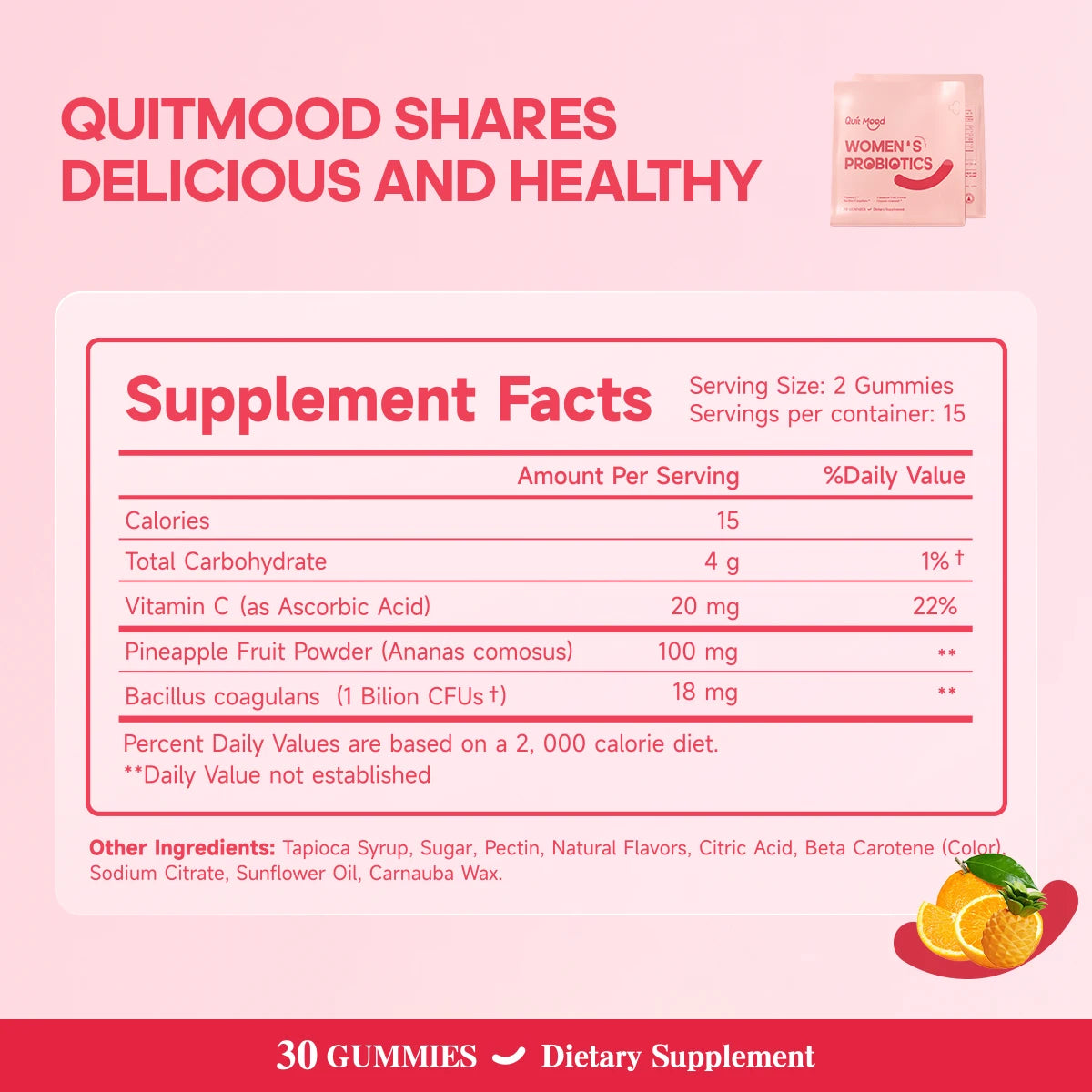 Quitmood Women'S Probiotics Feminine Ph Balance Gummies -Hawaiian Pineapple - Individual Package Vitamin C