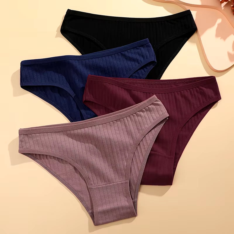 4Pcs Cotton Striped Underwear Women'S Panties Sexy Breathable Solid Briefs Female Low Waist Comfortable Stretch Lingerie
