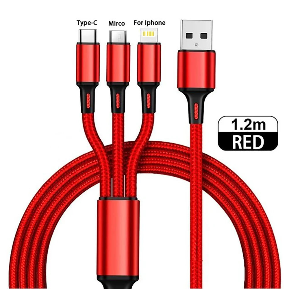 3 in 1 USB Type C Cable Phone Charge Cable Nylon Braided Universal Charging Cord 
