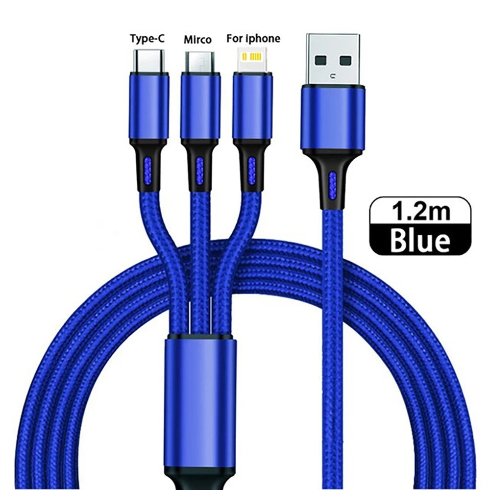 3 in 1 USB Type C Cable Phone Charge Cable Nylon Braided Universal Charging Cord 