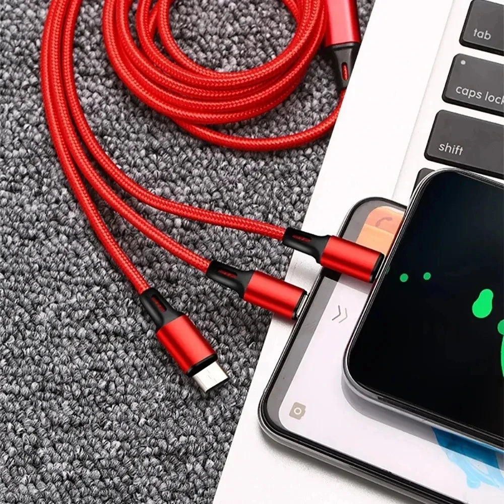 3 in 1 USB Type C Cable Phone Charge Cable Nylon Braided Universal Charging Cord 