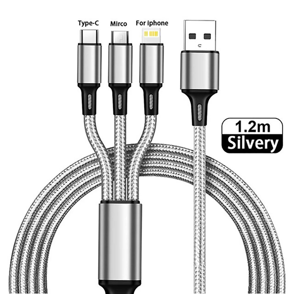 3 in 1 USB Type C Cable Phone Charge Cable Nylon Braided Universal Charging Cord 