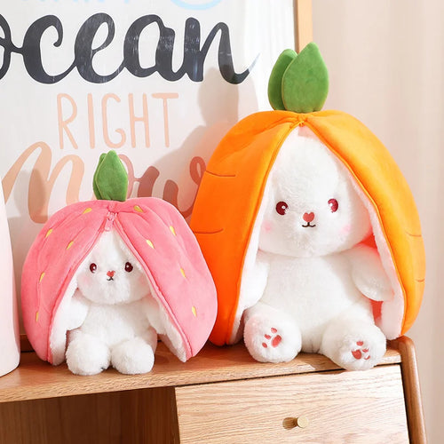 18CM Creative Carrot Strawberry Bag Transform to Rabbit Plush Toys Lovely Long Ears Bunny Stuffed Soft Doll Kawaii Kids Gifts