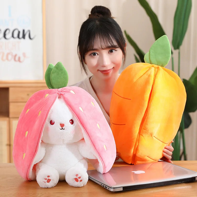 18CM Creative Carrot Strawberry Bag Transform to Rabbit Plush Toys Lovely Long Ears Bunny Stuffed Soft Doll Kawaii Kids Gifts