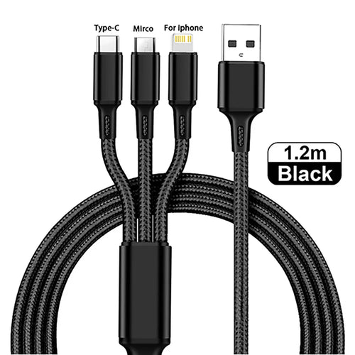 3 in 1 USB Type C Cable Phone Charge Cable Nylon Braided Universal Charging Cord 