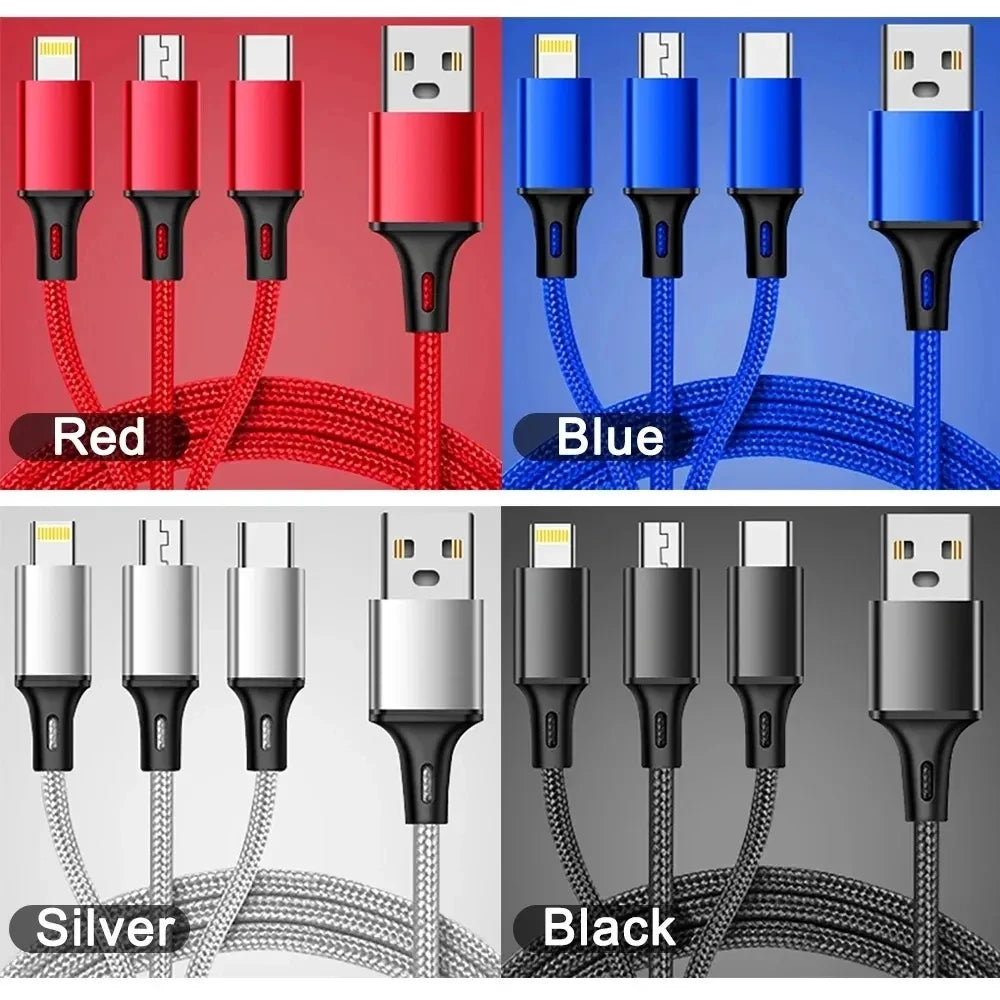 3 in 1 USB Type C Cable Phone Charge Cable Nylon Braided Universal Charging Cord 