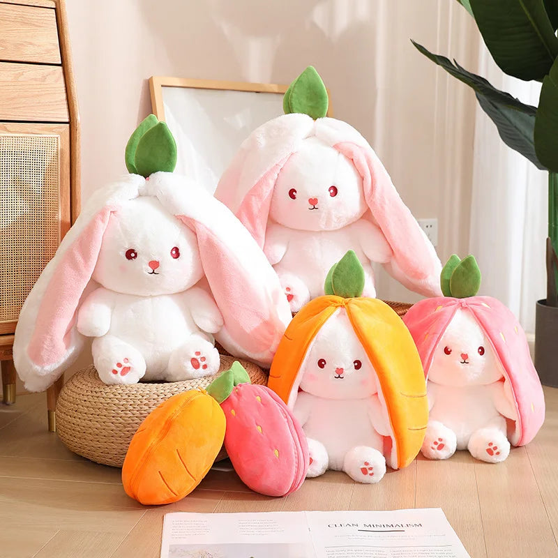 18CM Creative Carrot Strawberry Bag Transform to Rabbit Plush Toys Lovely Long Ears Bunny Stuffed Soft Doll Kawaii Kids Gifts