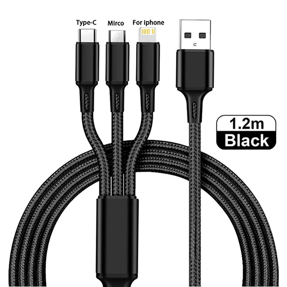 3 in 1 USB Type C Cable Phone Charge Cable Nylon Braided Universal Charging Cord 