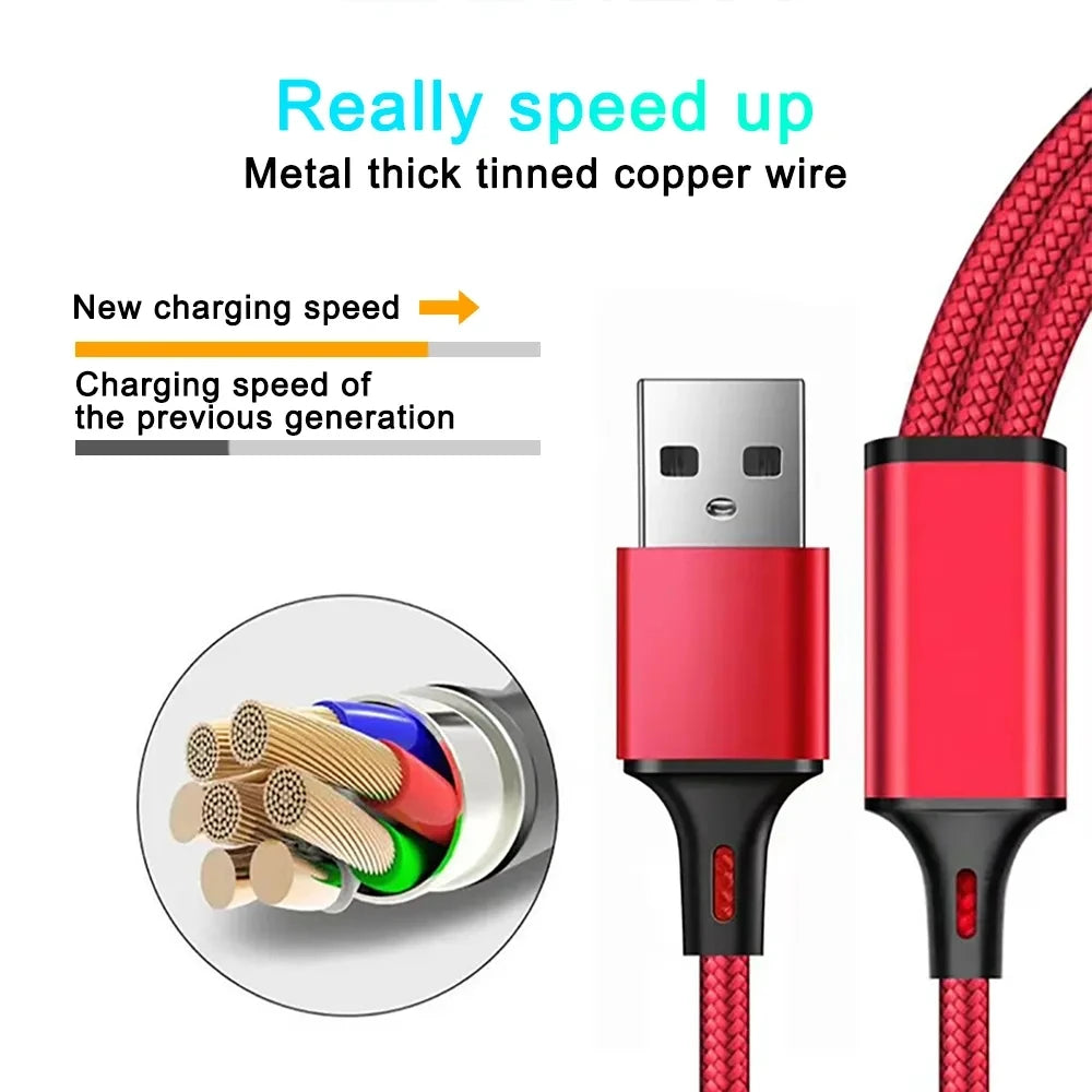 3 in 1 USB Type C Cable Phone Charge Cable Nylon Braided Universal Charging Cord 