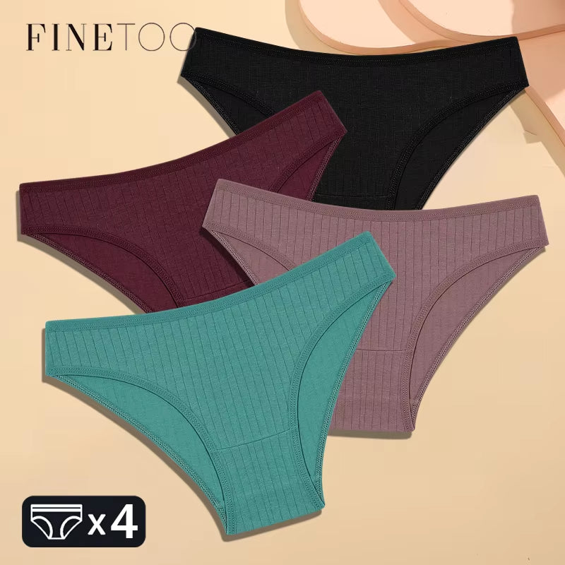 4Pcs Cotton Striped Underwear Women'S Panties Sexy Breathable Solid Briefs Female Low Waist Comfortable Stretch Lingerie