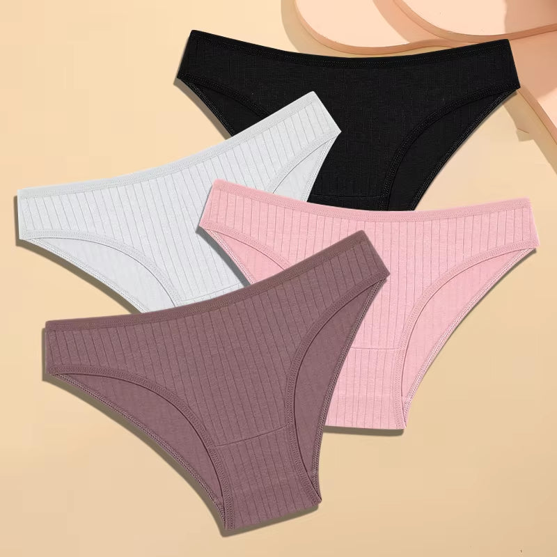 4Pcs Cotton Striped Underwear Women'S Panties Sexy Breathable Solid Briefs Female Low Waist Comfortable Stretch Lingerie
