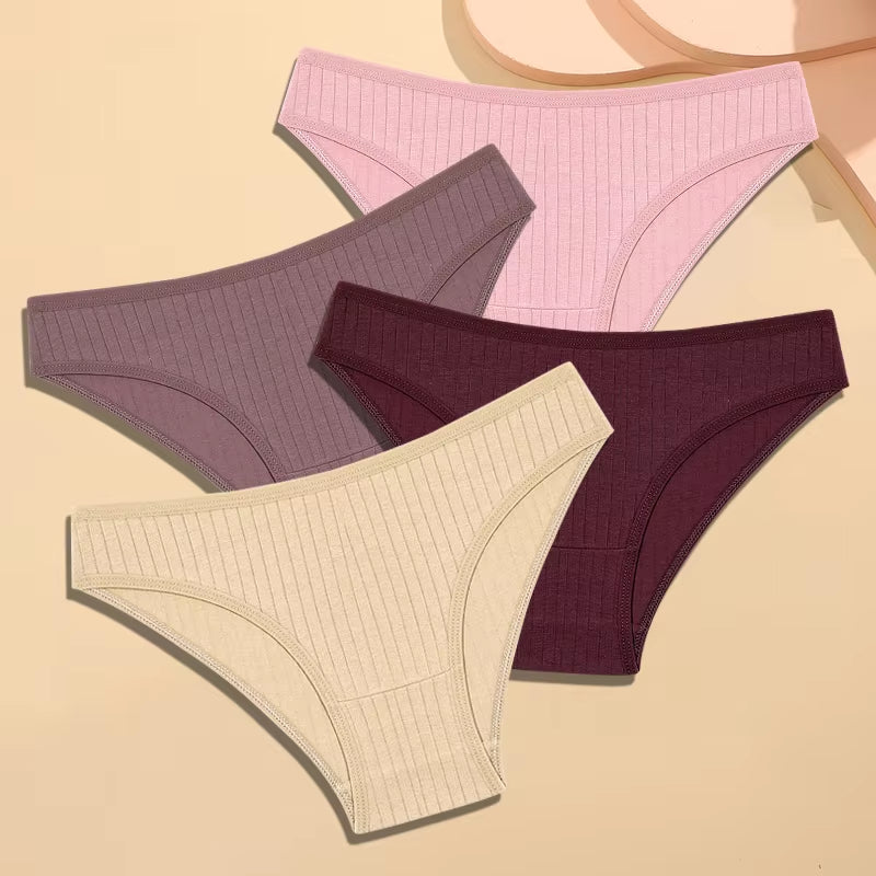 4Pcs Cotton Striped Underwear Women'S Panties Sexy Breathable Solid Briefs Female Low Waist Comfortable Stretch Lingerie