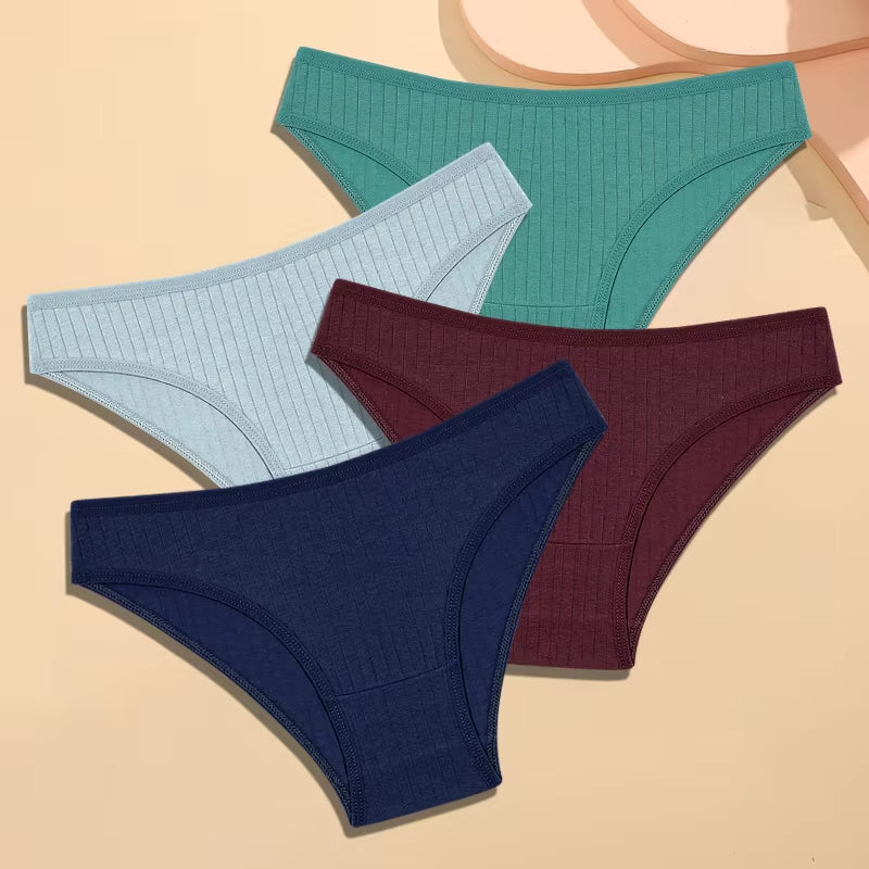 4Pcs Cotton Striped Underwear Women'S Panties Sexy Breathable Solid Briefs Female Low Waist Comfortable Stretch Lingerie