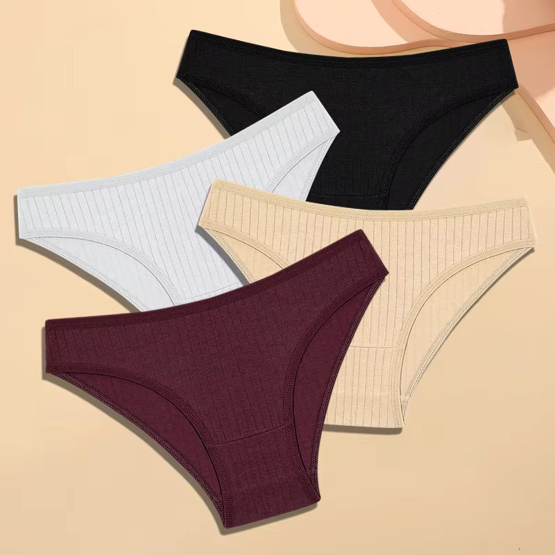 4Pcs Cotton Striped Underwear Women'S Panties Sexy Breathable Solid Briefs Female Low Waist Comfortable Stretch Lingerie